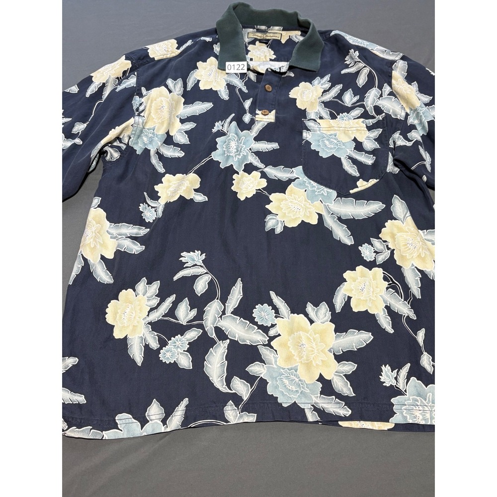 Tommy Bahama Mens Silk Floral Polo Shirt Navy Blue Tropical Short Sleeve L